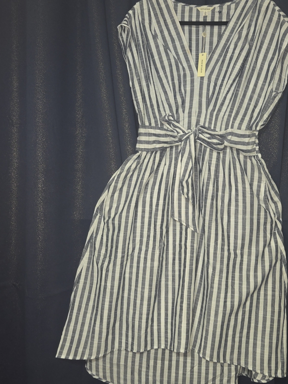 Max Studio Navy and White Striped Tie-Waist High-Low Dress